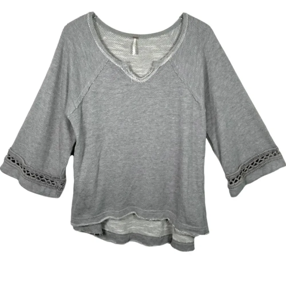 Free People Oversized Split Boatneck Bell Sleeve Crotchet Hi-Lo Raw Hem Thermal
